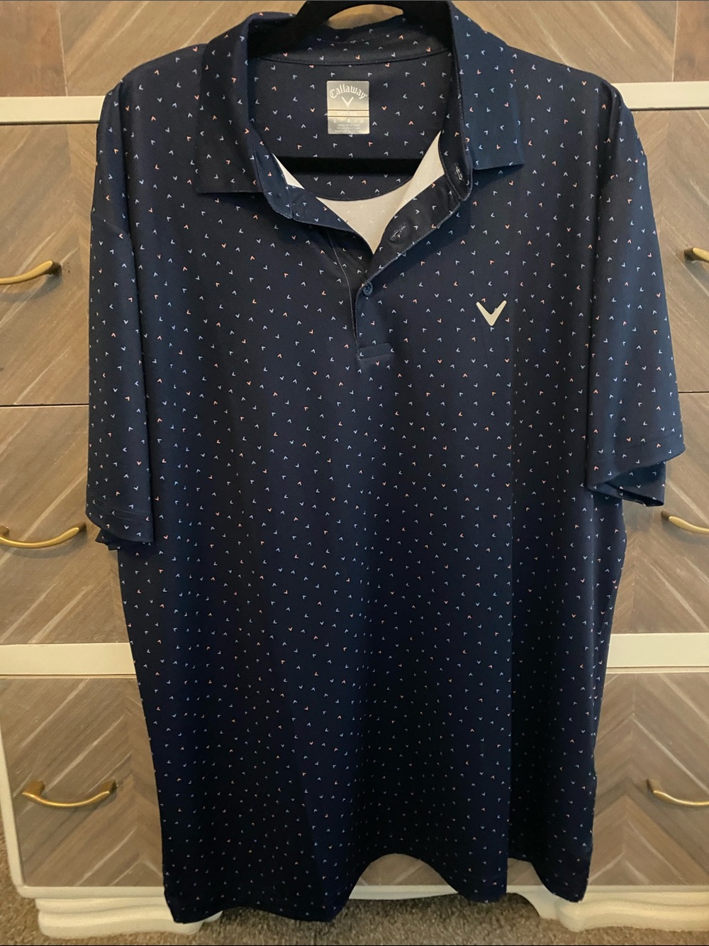 Callaway Navy Polo with Pink and White Micro Triangle Print